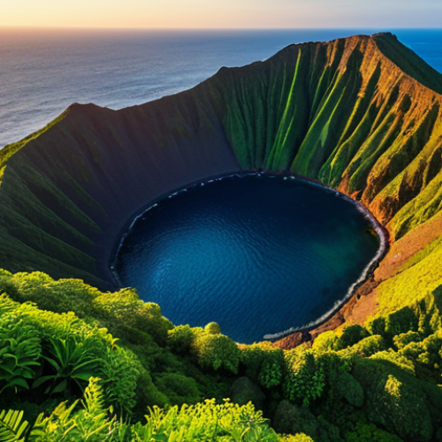Home 15 **
Aerial view of Biyangdo's volcanic crater at sunset. Lush green vegetation contrasts with the deep blue sea. Capture the play of light and shadows on the basalt rocks. Golden hour lighting, drone photography, vibrant colors, high dynamic range.
**