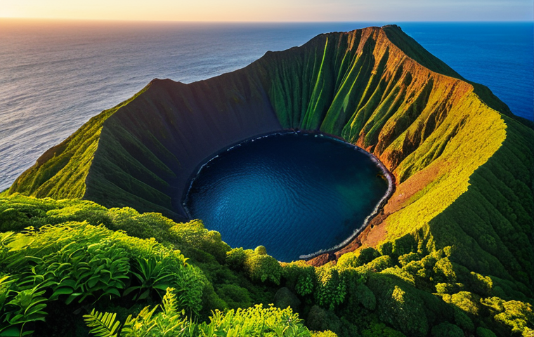 **
Aerial view of Biyangdo's volcanic crater at sunset. Lush green vegetation contrasts with the deep blue sea. Capture the play of light and shadows on the basalt rocks. Golden hour lighting, drone photography, vibrant colors, high dynamic range.
**