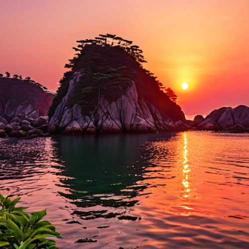 Home 14 **A vibrant sunset over the sea at Jinodo Sebang Nakjo, South Korea. Capture the intense oranges, reds, and purples reflected in the water, with silhouetted islands adding depth. Include rocky coastal formations and green vegetation in the foreground. Golden hour lighting, wide depth of field, polarizing filter effect.**