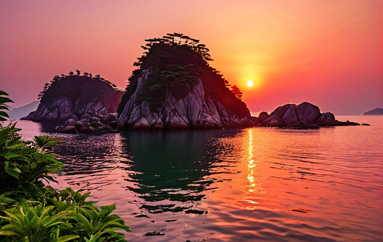 **A vibrant sunset over the sea at Jinodo Sebang Nakjo, South Korea. Capture the intense oranges, reds, and purples reflected in the water, with silhouetted islands adding depth. Include rocky coastal formations and green vegetation in the foreground. Golden hour lighting, wide depth of field, polarizing filter effect.**