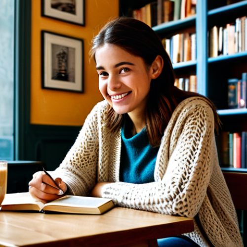 Home 7 Cozy Café Scene**
"A young woman with a warm smile, sitting at a table in a cozy café in Madrid, Spain. She's wearing a knitted sweater and jeans, fully clothed, appropriate attire. A steaming cup of café con leche sits in front of her. Sunlight streams through the window, illuminating the scene. In the background, bookshelves line the walls, filled with books. Safe for work, professional photography, perfect anatomy, correct proportions, natural pose, well-formed hands, proper finger count, natural body proportions."
**