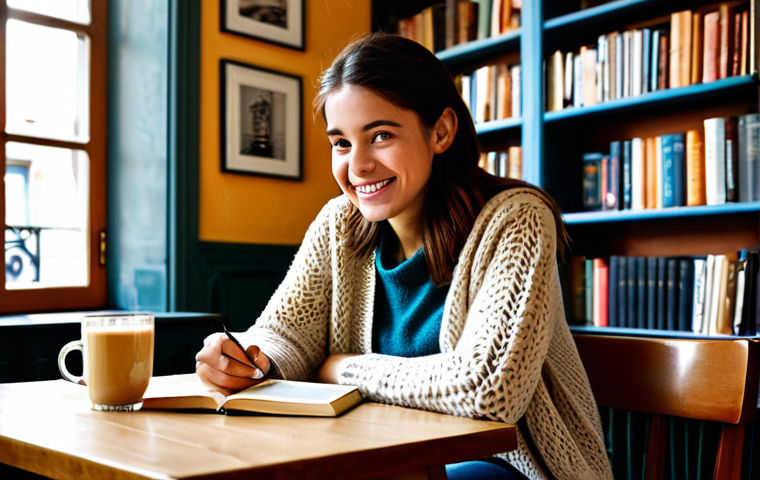 Cozy Café Scene**
"A young woman with a warm smile, sitting at a table in a cozy café in Madrid, Spain. She's wearing a knitted sweater and jeans, fully clothed, appropriate attire. A steaming cup of café con leche sits in front of her. Sunlight streams through the window, illuminating the scene. In the background, bookshelves line the walls, filled with books. Safe for work, professional photography, perfect anatomy, correct proportions, natural pose, well-formed hands, proper finger count, natural body proportions."
**
