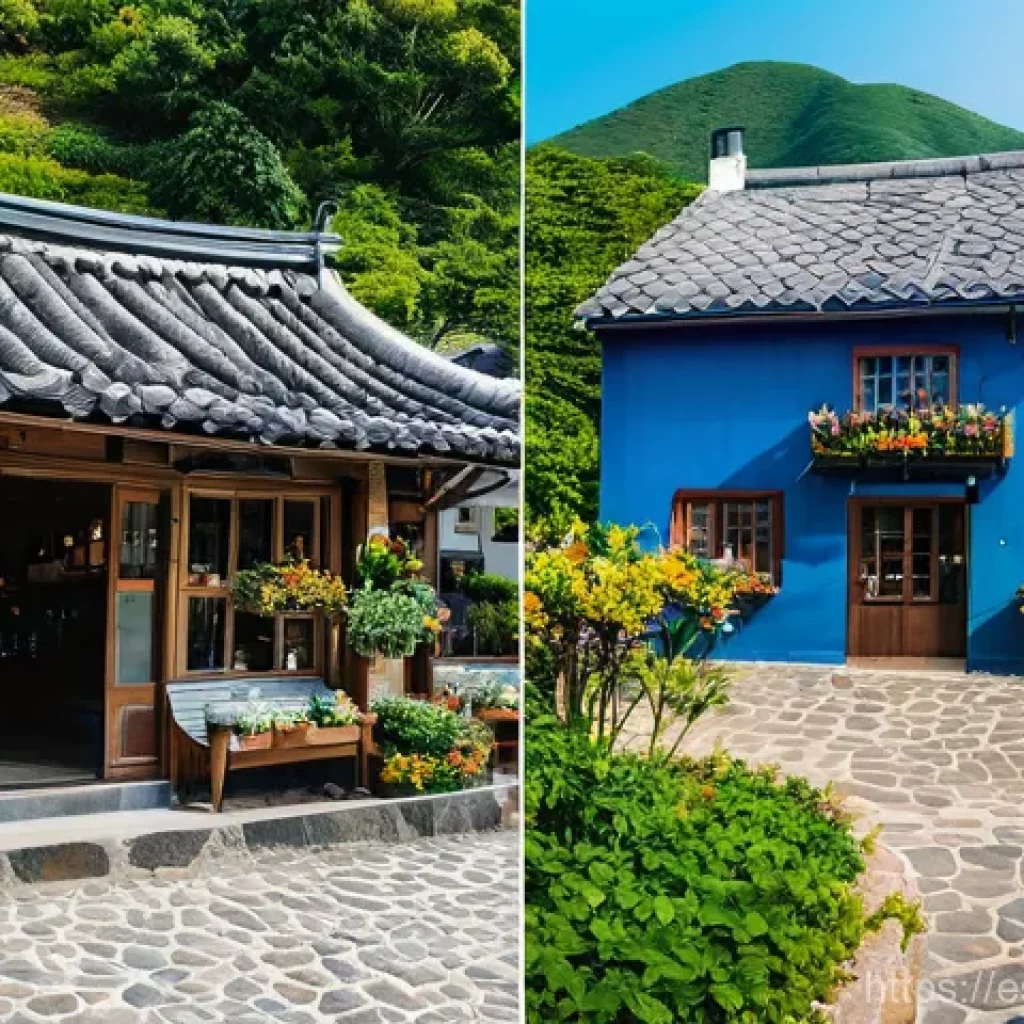 남해 독일마을 감성카페 포토존 - Here are three detailed image prompts in English, inspired by the enchanting cafes and landscapes of...