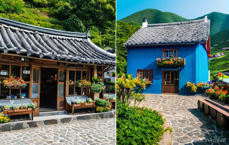남해 독일마을 감성카페 포토존 - Here are three detailed image prompts in English, inspired by the enchanting cafes and landscapes of...