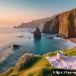 울릉도 내수전 일출 스팟 - A secluded coastal cove at dawn with dramatic cliffs and open sea views, soft golden sunlight illumi...