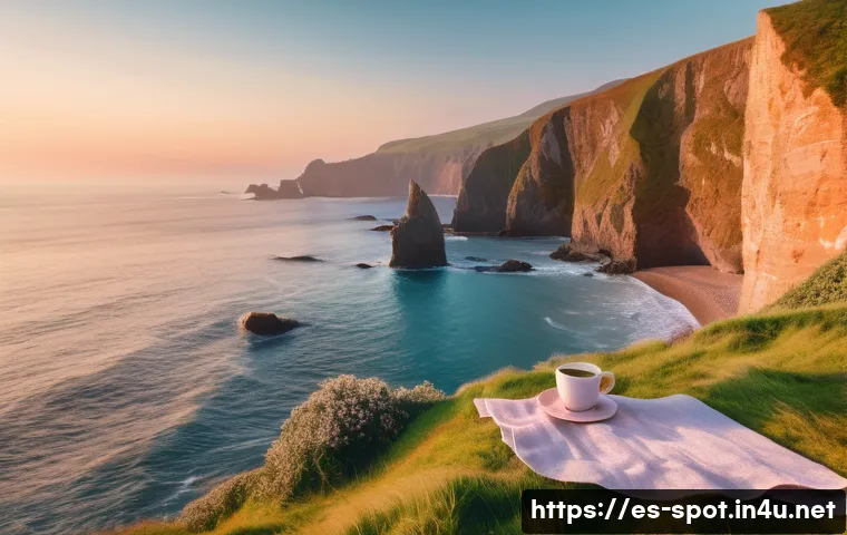 울릉도 내수전 일출 스팟 - A secluded coastal cove at dawn with dramatic cliffs and open sea views, soft golden sunlight illumi...