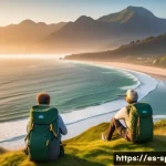 남해 금산 보리암 일출 - A breathtaking sunrise scene over a serene coastal landscape with a blend of majestic mountains and ...