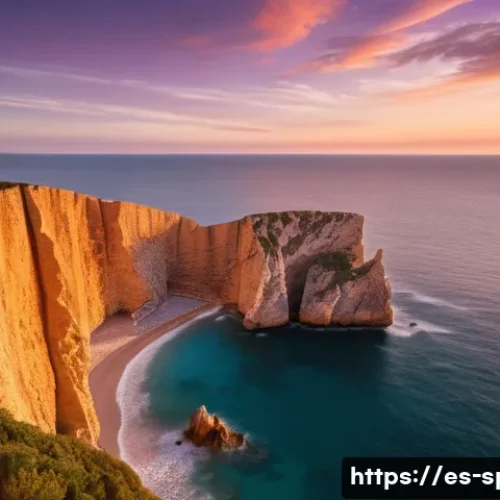 강화도 석모도 낙조 촬영지 - A serene coastal cliff at sunset in Spain, featuring warm golden light bathing rugged cliffs and a c...