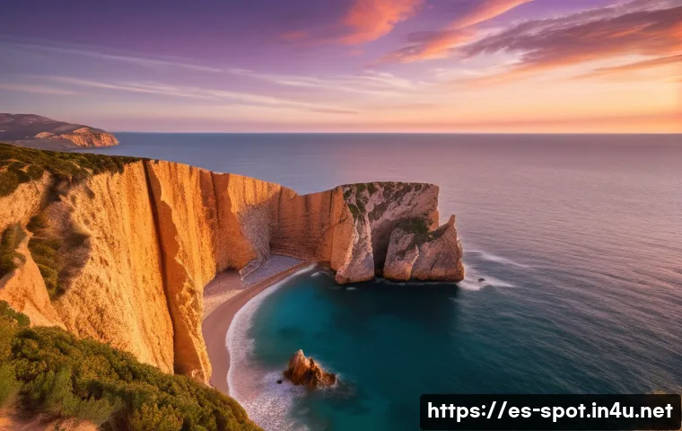 강화도 석모도 낙조 촬영지 - A serene coastal cliff at sunset in Spain, featuring warm golden light bathing rugged cliffs and a c...