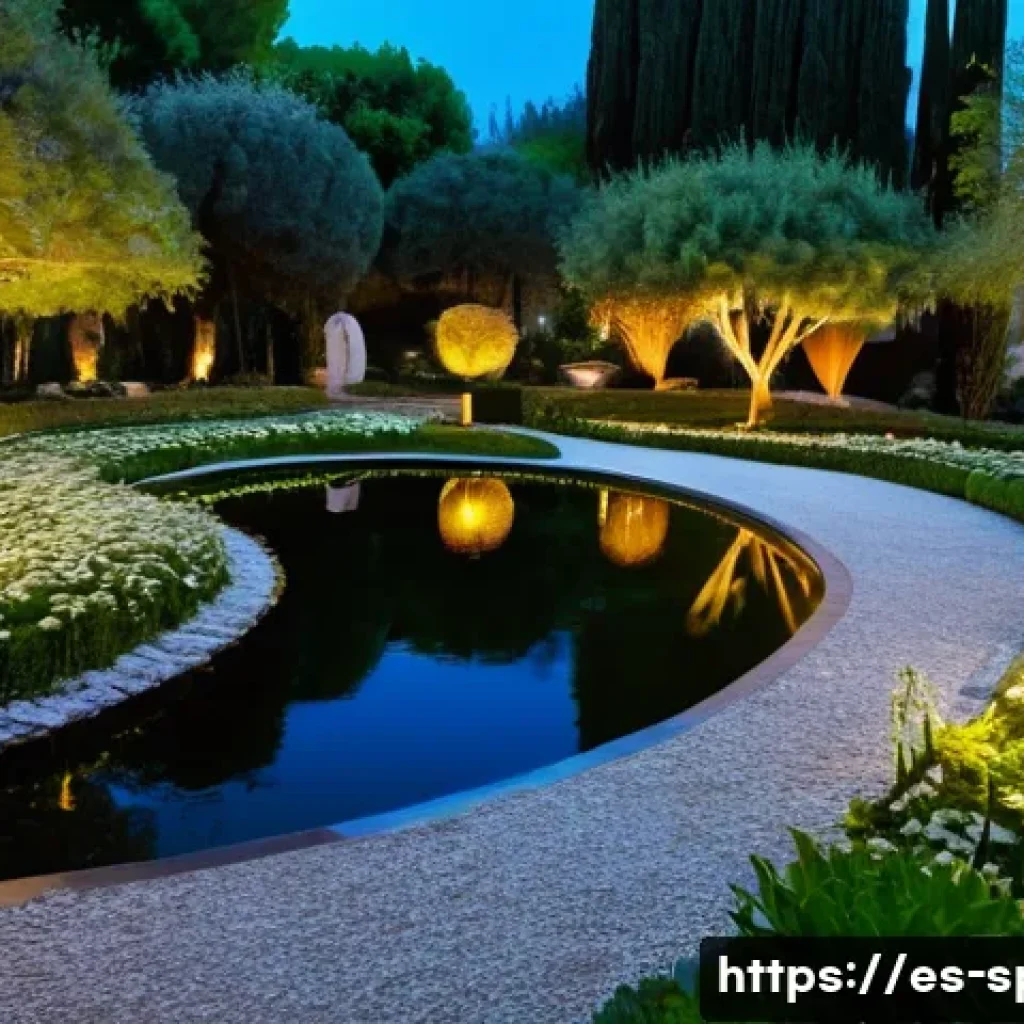 가평 아침고요수목원 야경 - A serene botanical garden at night in Spain, softly illuminated by warm amber and golden LED lights ...