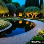 가평 아침고요수목원 야경 - A serene botanical garden at night in Spain, softly illuminated by warm amber and golden LED lights ...