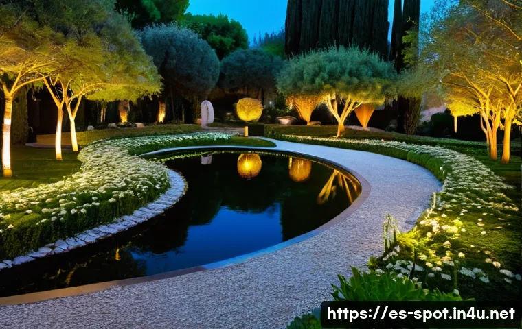 가평 아침고요수목원 야경 - A serene botanical garden at night in Spain, softly illuminated by warm amber and golden LED lights ...