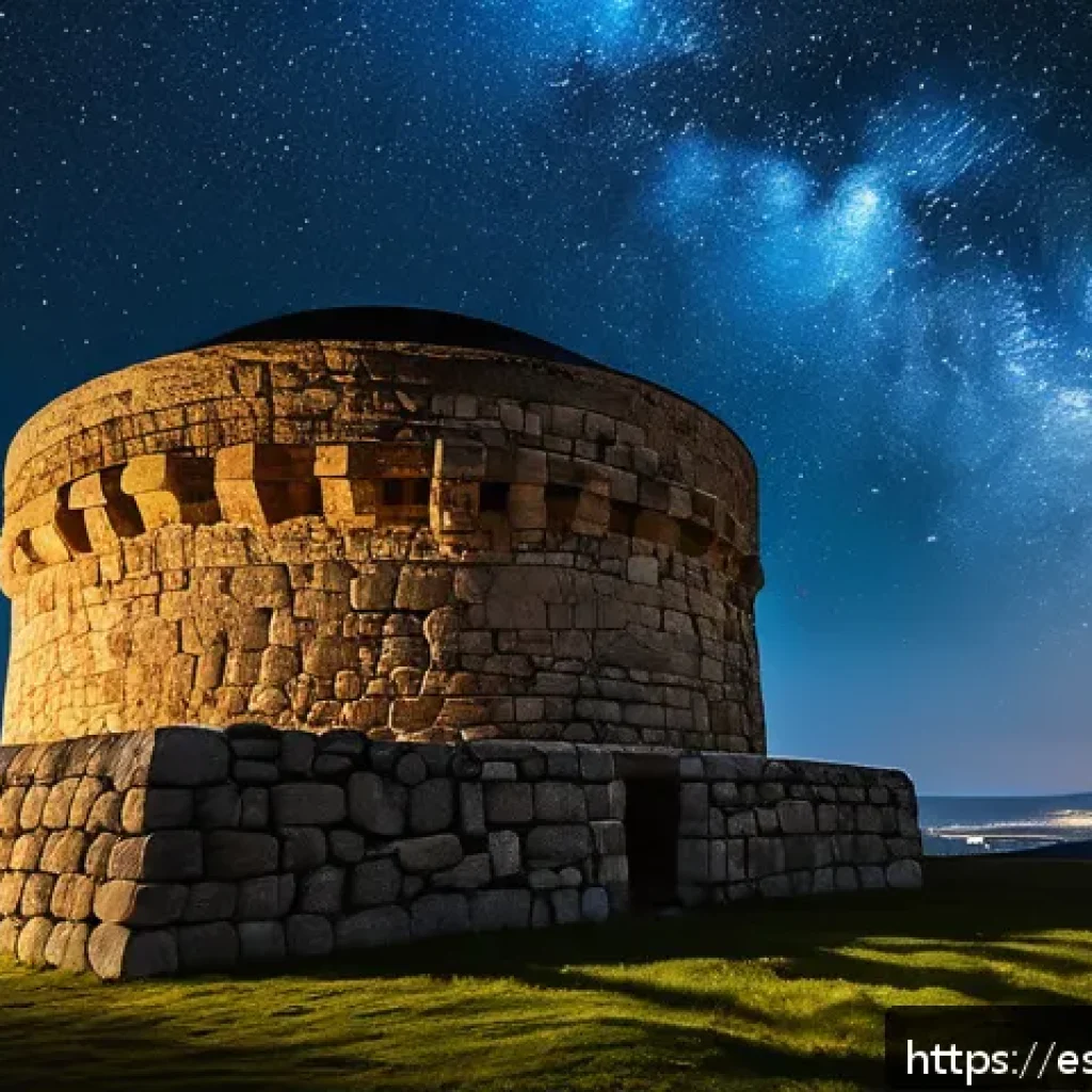 경주 첨성대 야경 - A detailed night scene of an ancient cylindrical stone observatory illuminated by soft, warm artific...