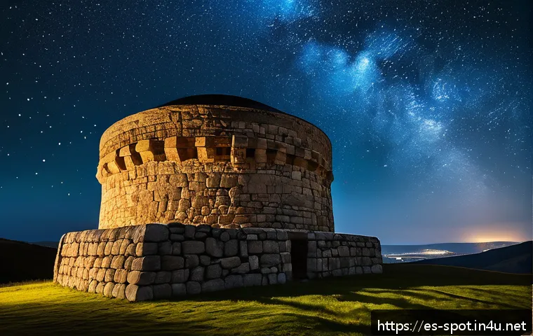 경주 첨성대 야경 - A detailed night scene of an ancient cylindrical stone observatory illuminated by soft, warm artific...