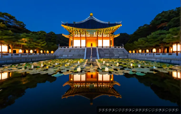 Home 17 경복궁 야간개장 포토존 - Photorealistic evening view of Gyeongbokgung Palace in Seoul during night opening, iconic illuminate...
