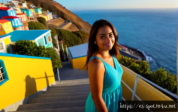 부산 감천문화마을 인생샷 - Photorealistic travel portrait of a stylish Spanish-speaking female traveler standing on a sunlit st...