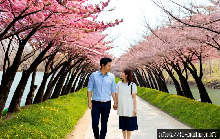 춘천 남이섬 사계절 포토존 - Photorealistic spring photo spot on Nami Island near Chuncheon, South Korea, a Spanish-speaking coup...